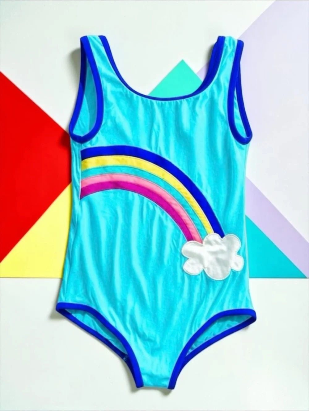 Mini Boden Girls Swimsuit 🌈 Aqua Rainbow Appliqué One‑Piece Size 7–8Y 128 cm